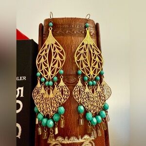 Gold Plated Chandelier Filigree earrings with turquoise beads 925 posts